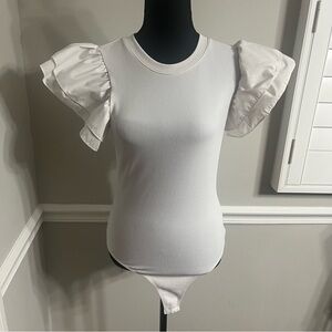 Pants Store White one piece body suit with flutter sleeves Size S Ribbed Stretch